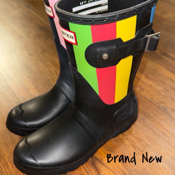 Hunter Women's Black Multi Striped Rain Boots - Size 7 US - New - Picture 1 of 4